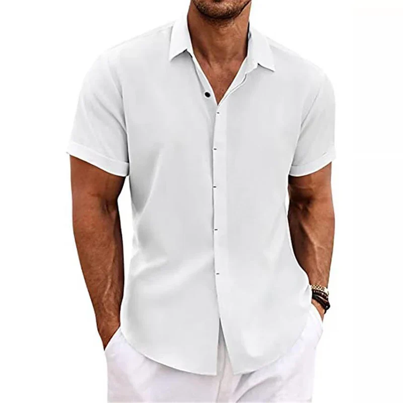 Fashionable Polo Collar Solid Color Shirt - Short Sleeve V-Neck Casual Cotton Linen Top - Image 7