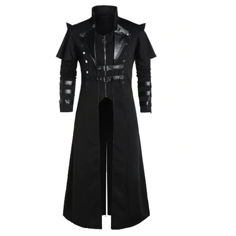 Men's Gothic Steampunk Pirate Costume Jacket, Black Faux Leather Long Coat with Zipper, Available in Multiple Sizes - Image 2