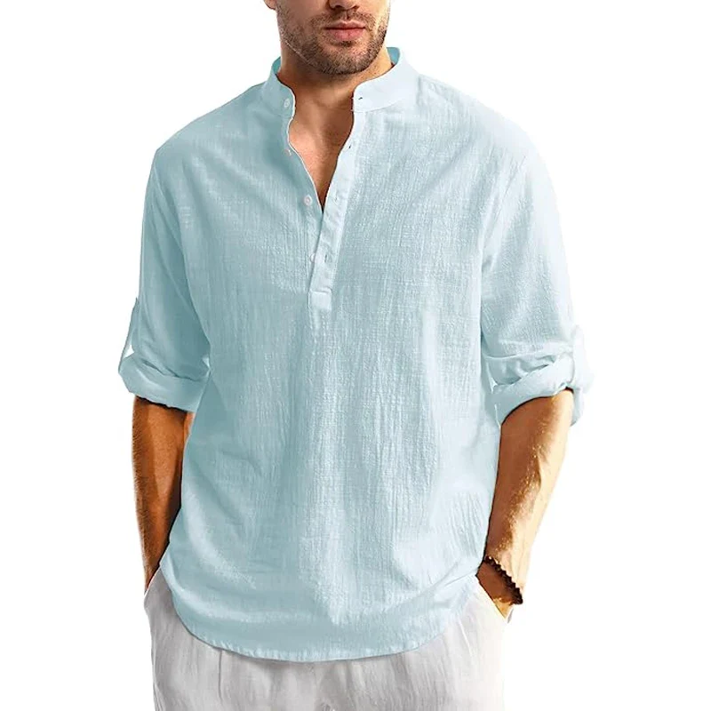 Men's Linen Button Down Shirt Long Sleeve Casual Beach Summer Shirt Banded Collar