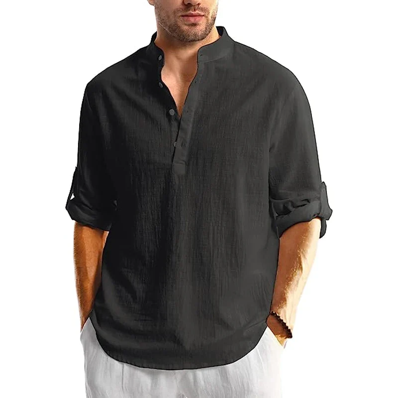 Men's Linen Button Down Shirt Long Sleeve Casual Beach Summer Shirt Banded Collar - Image 2