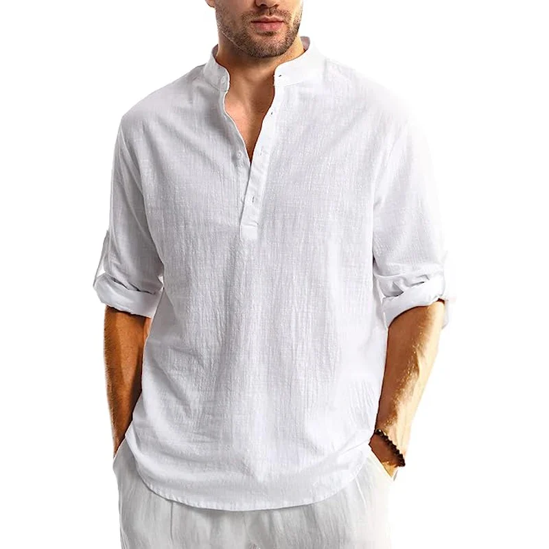 Men's Linen Button Down Shirt Long Sleeve Casual Beach Summer Shirt Banded Collar - Image 3