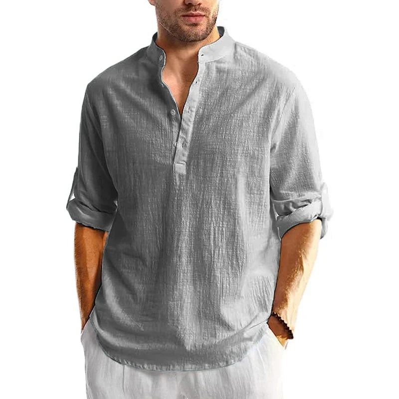 Men's Linen Button Down Shirt Long Sleeve Casual Beach Summer Shirt Banded Collar - Image 4