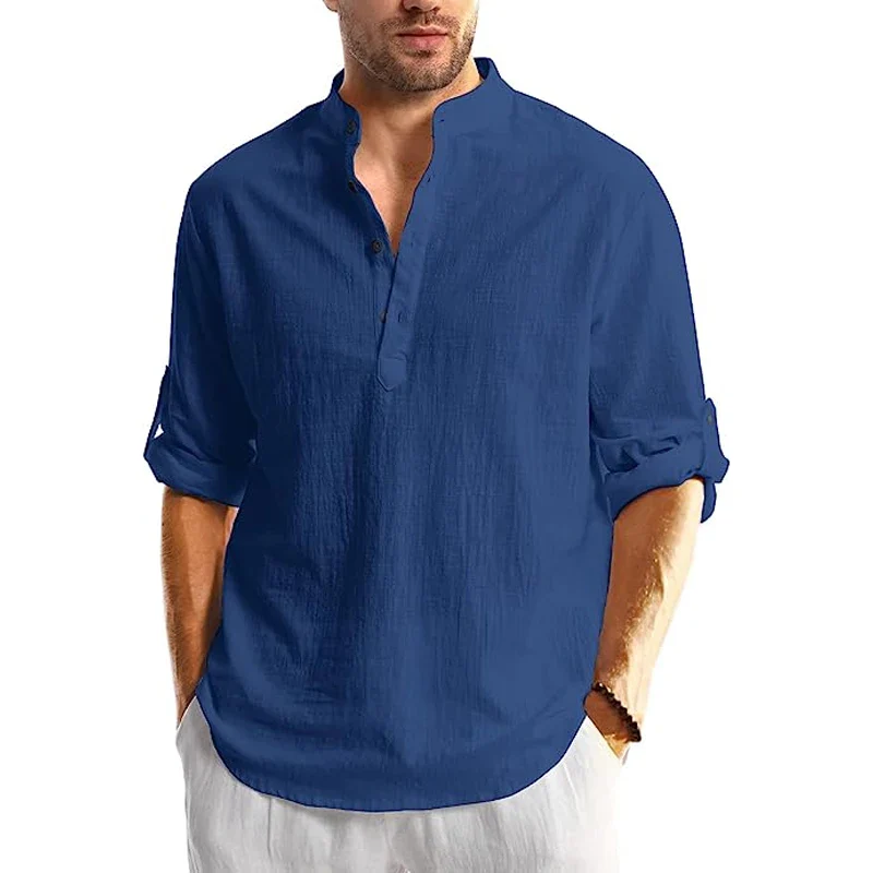 Men's Linen Button Down Shirt Long Sleeve Casual Beach Summer Shirt Banded Collar - Image 5