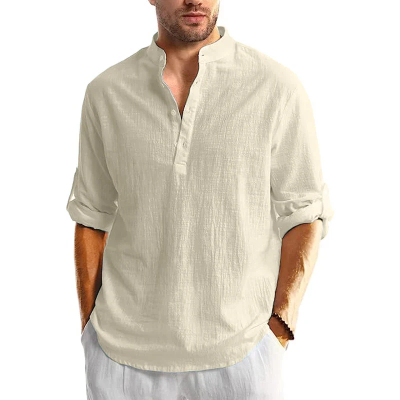 Men's Linen Button Down Shirt Long Sleeve Casual Beach Summer Shirt Banded Collar - Image 6
