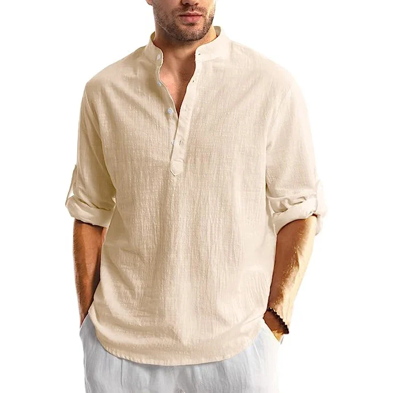 Men's Linen Button Down Shirt Long Sleeve Casual Beach Summer Shirt Banded Collar - Image 7
