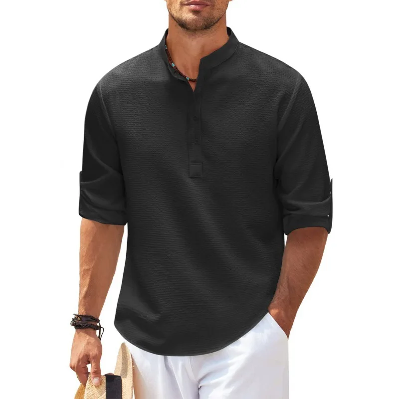 Men's Long Sleeve Stand-up Collar Pineapple Checkered Casual Shirt Top - Image 2