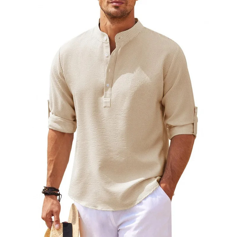 Men's Long Sleeve Stand-up Collar Pineapple Checkered Casual Shirt Top - Image 3