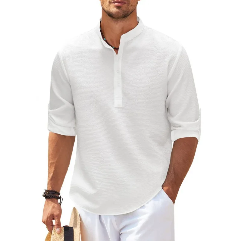 Men's Long Sleeve Stand-up Collar Pineapple Checkered Casual Shirt Top - Image 4
