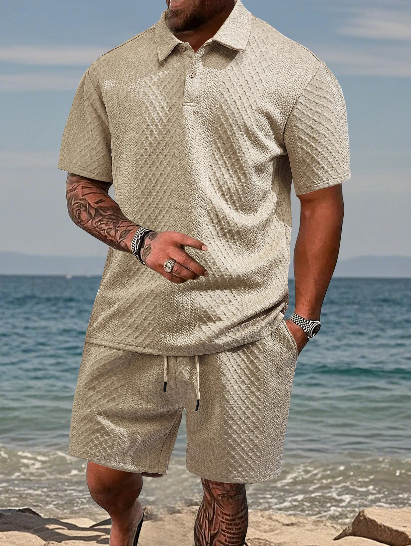 Mens Polo Shirt in Jacquard Fabric, Breathable Short-Sleeved Casual Shirt for Summer Wear - Image 2