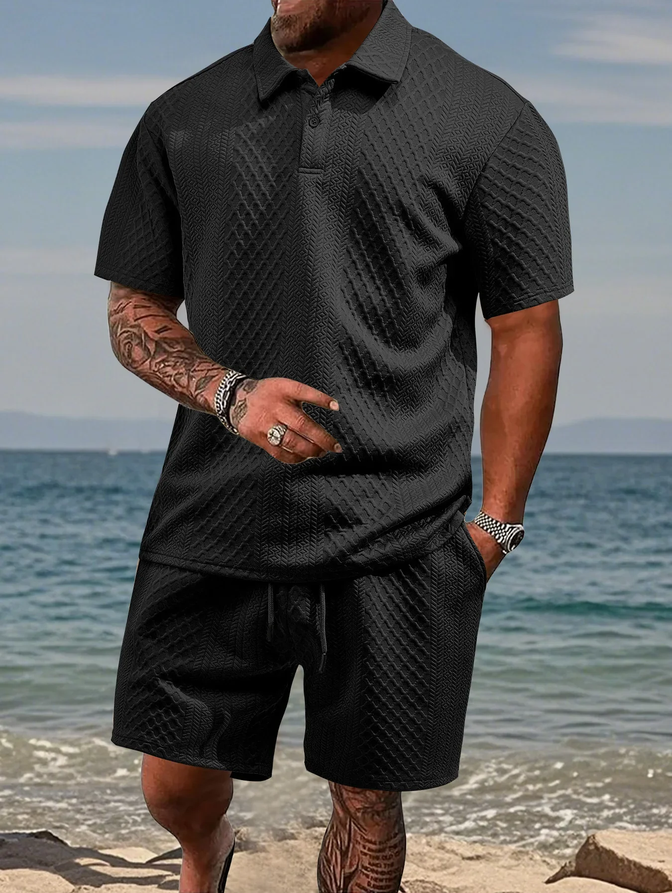 Mens Polo Shirt in Jacquard Fabric, Breathable Short-Sleeved Casual Shirt for Summer Wear - Image 3