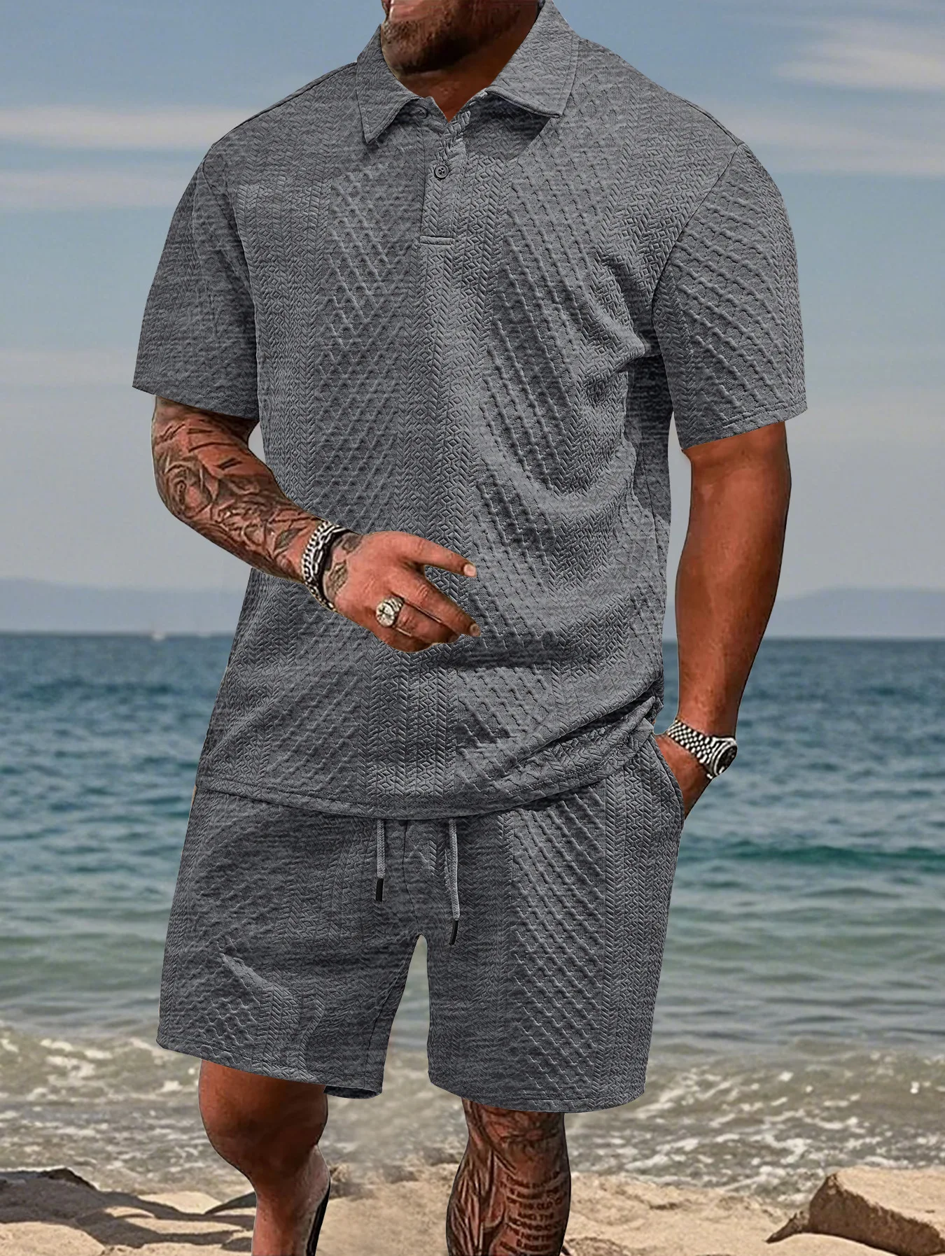Mens Polo Shirt in Jacquard Fabric, Breathable Short-Sleeved Casual Shirt for Summer Wear - Image 5