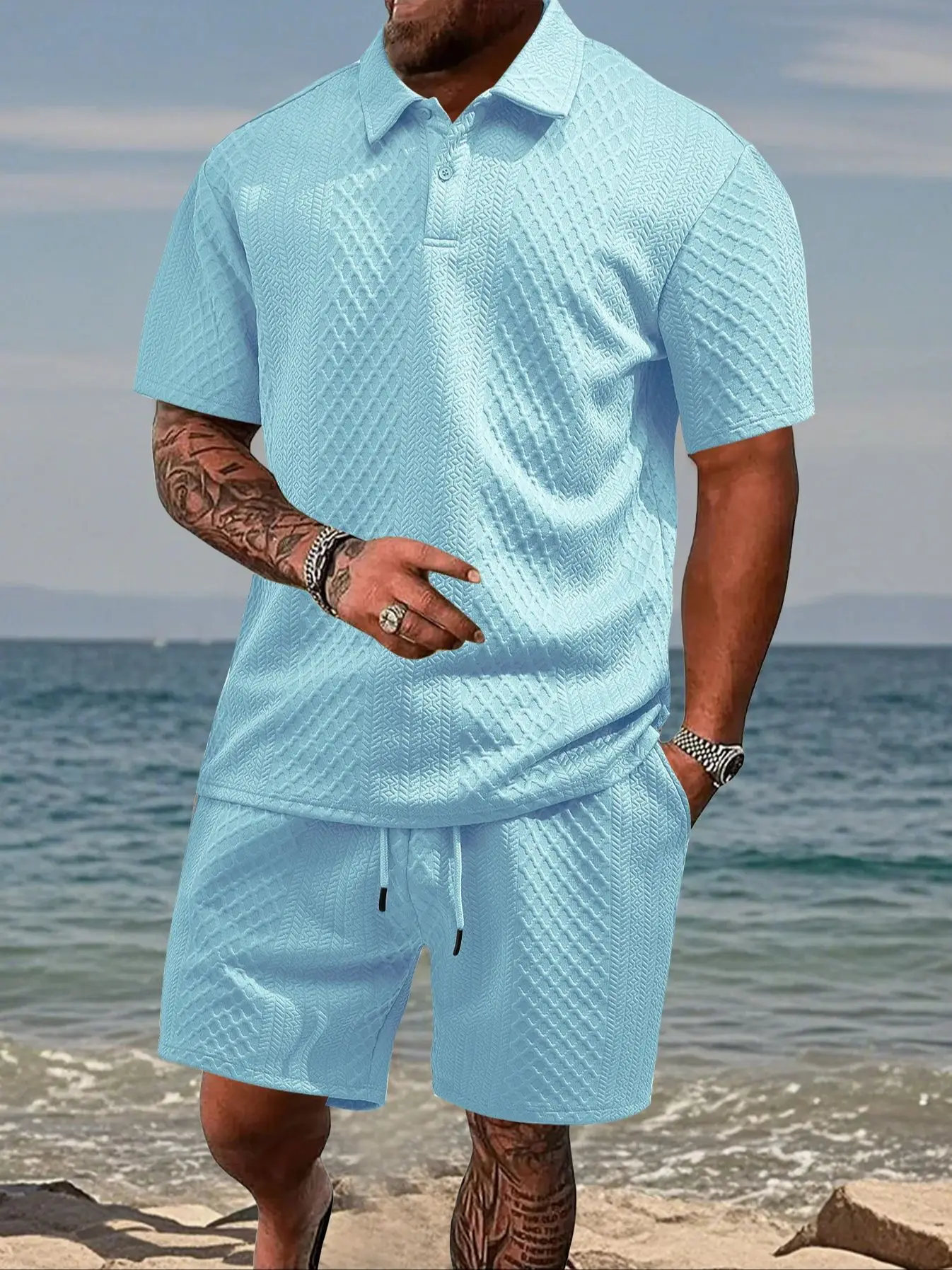 Mens Polo Shirt in Jacquard Fabric, Breathable Short-Sleeved Casual Shirt for Summer Wear - Image 7