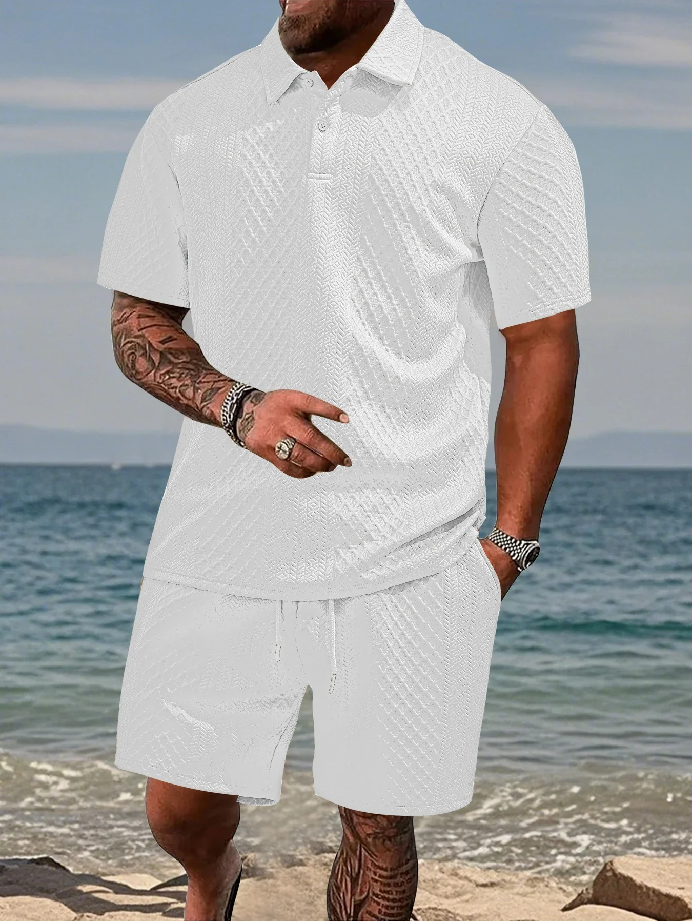 Mens Polo Shirt in Jacquard Fabric, Breathable Short-Sleeved Casual Shirt for Summer Wear - Image 8