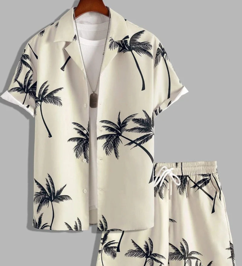 Men's Summer Set with Tropical Print, Lightweight Shirt and Shorts, Relaxed Fit for Warm Weather Casual Outings
