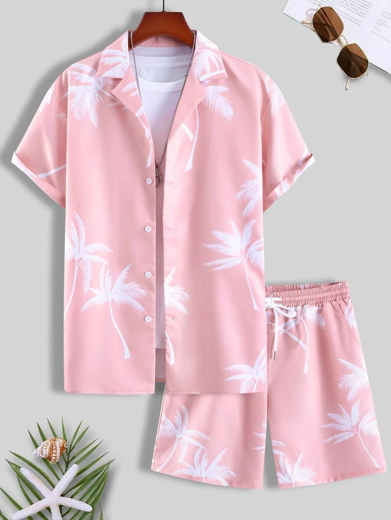 Men's Summer Set with Tropical Print, Lightweight Shirt and Shorts, Relaxed Fit for Warm Weather Casual Outings - Image 10
