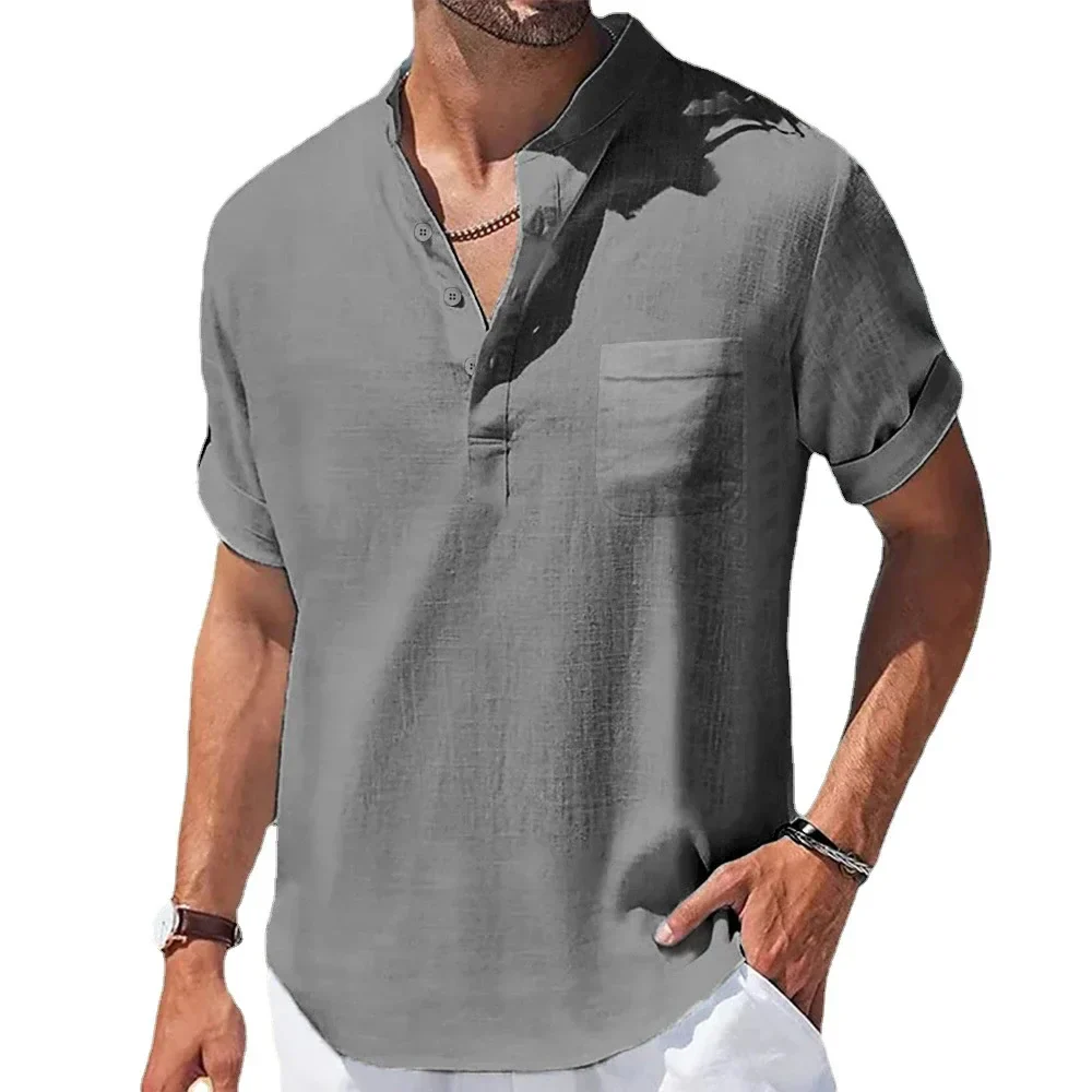 Men's Summer Shirt, Breathable Cotton and Linen Blend with Henry Collar, Lightweight and Casual Fit - Image 3