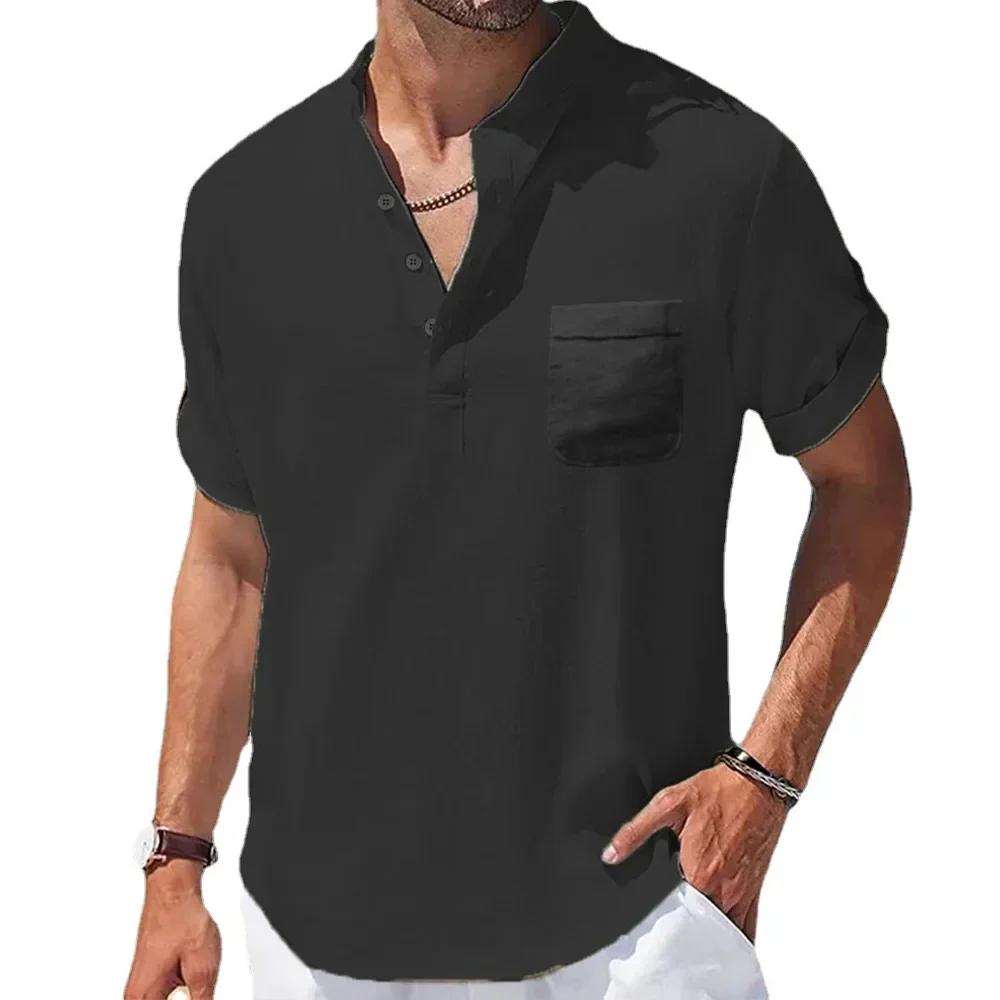 Men's Summer Shirt, Breathable Cotton and Linen Blend with Henry Collar, Lightweight and Casual Fit - Image 4