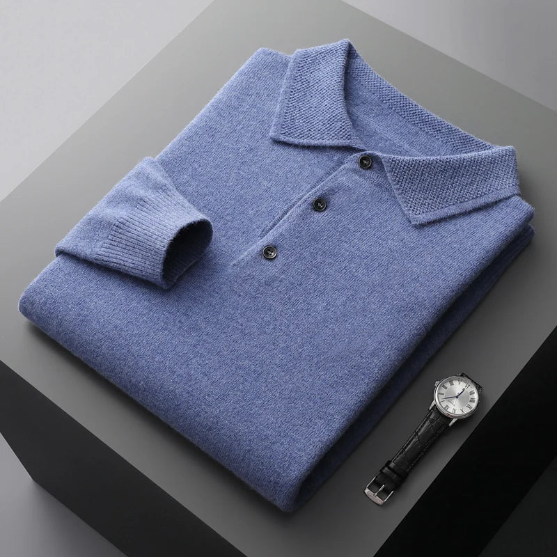 Merino Wool Men's Lapel Pullover Sweater - Business Casual Long Sleeve Knit Top - Image 10