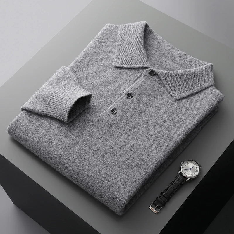 Merino Wool Men's Lapel Pullover Sweater - Business Casual Long Sleeve Knit Top - Image 11