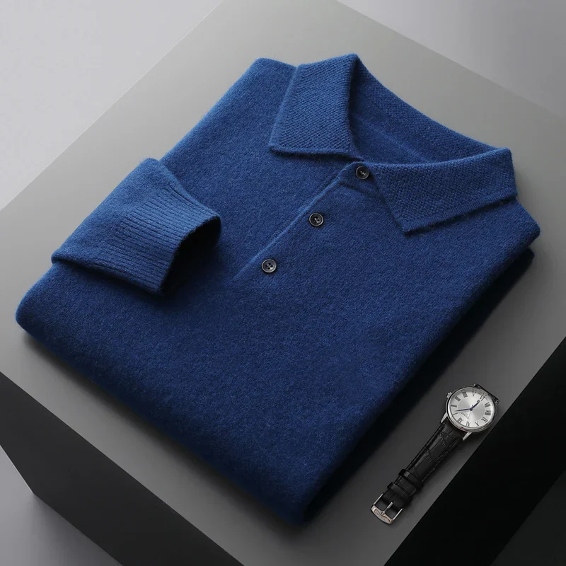 Merino Wool Men's Lapel Pullover Sweater - Business Casual Long Sleeve Knit Top - Image 12
