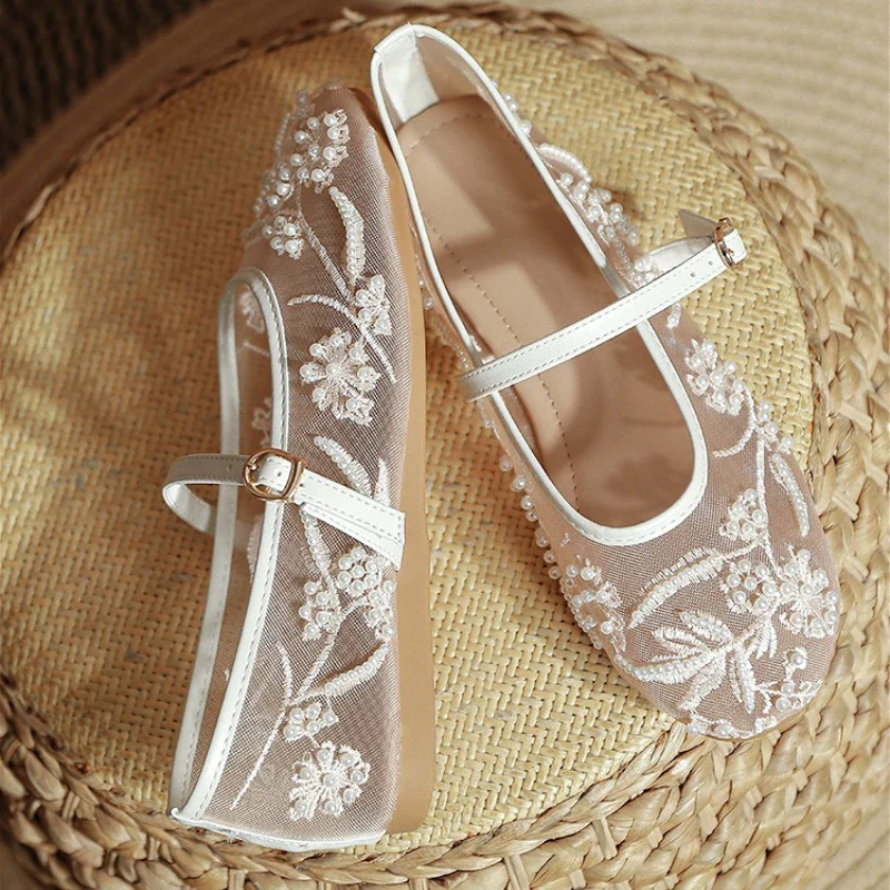 Lightweight Women’s Ballet Flats - Mary Jane Mesh, Beaded