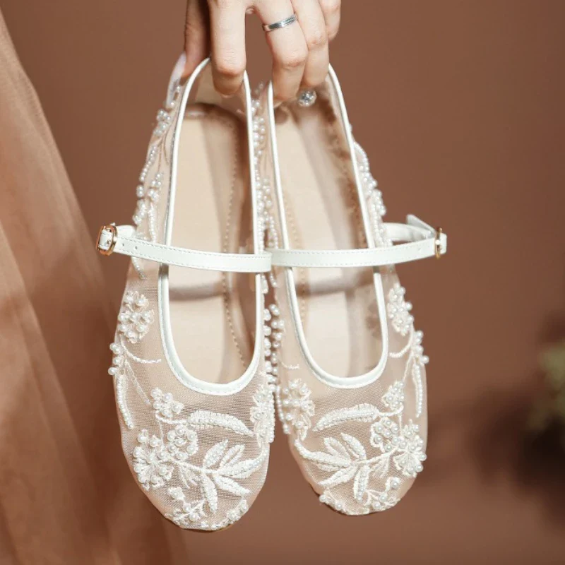 Lightweight Women’s Ballet Flats - Mary Jane Mesh, Beaded - Image 3