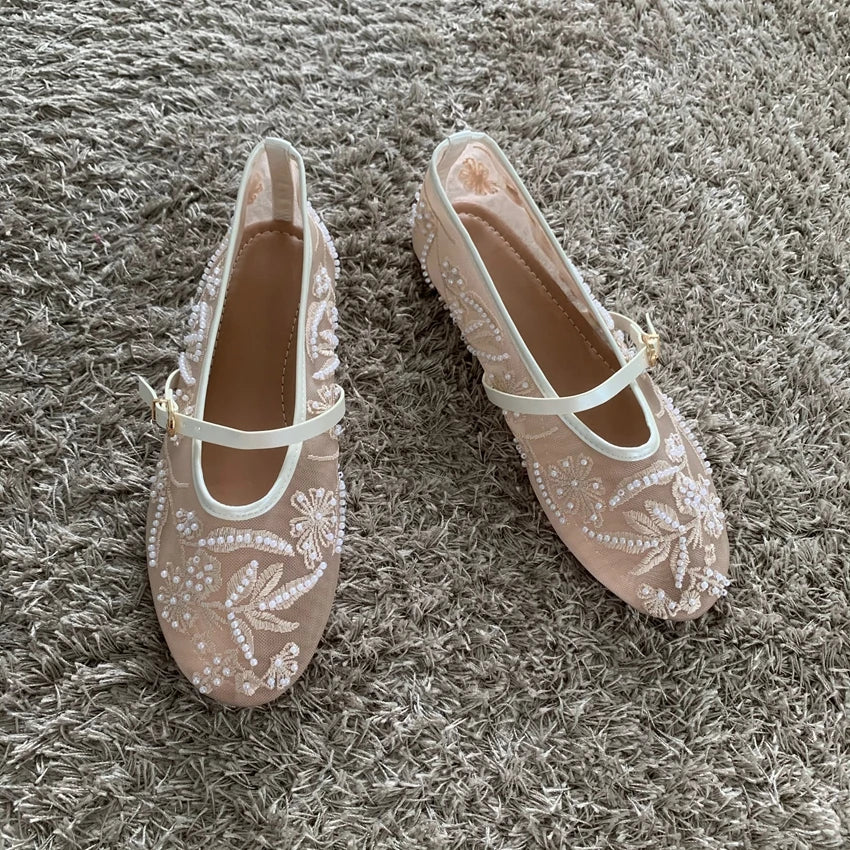 Breathable Women Ballet Flats - Mary Jane Mesh, Embroidered - Image 2