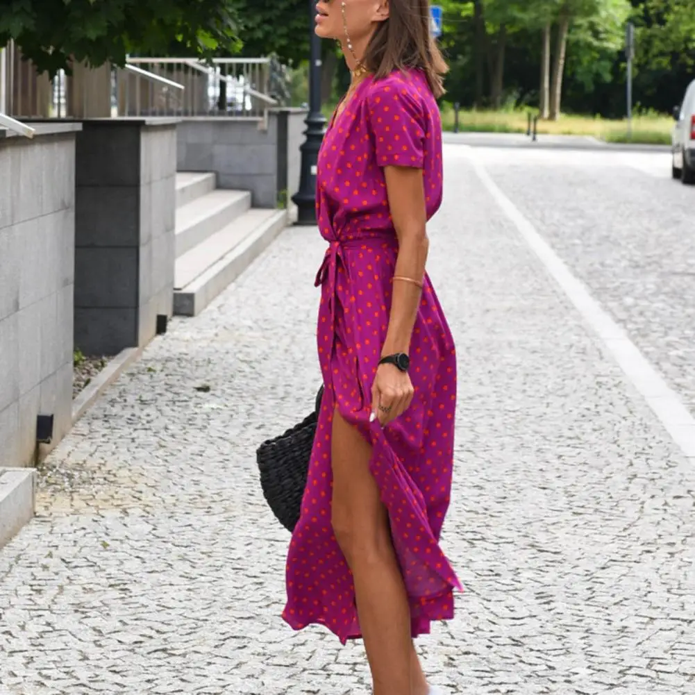 Midi Dress V-neck Short Sleeve Floral Print High Waist Summer Beach Dress Female - Image 4
