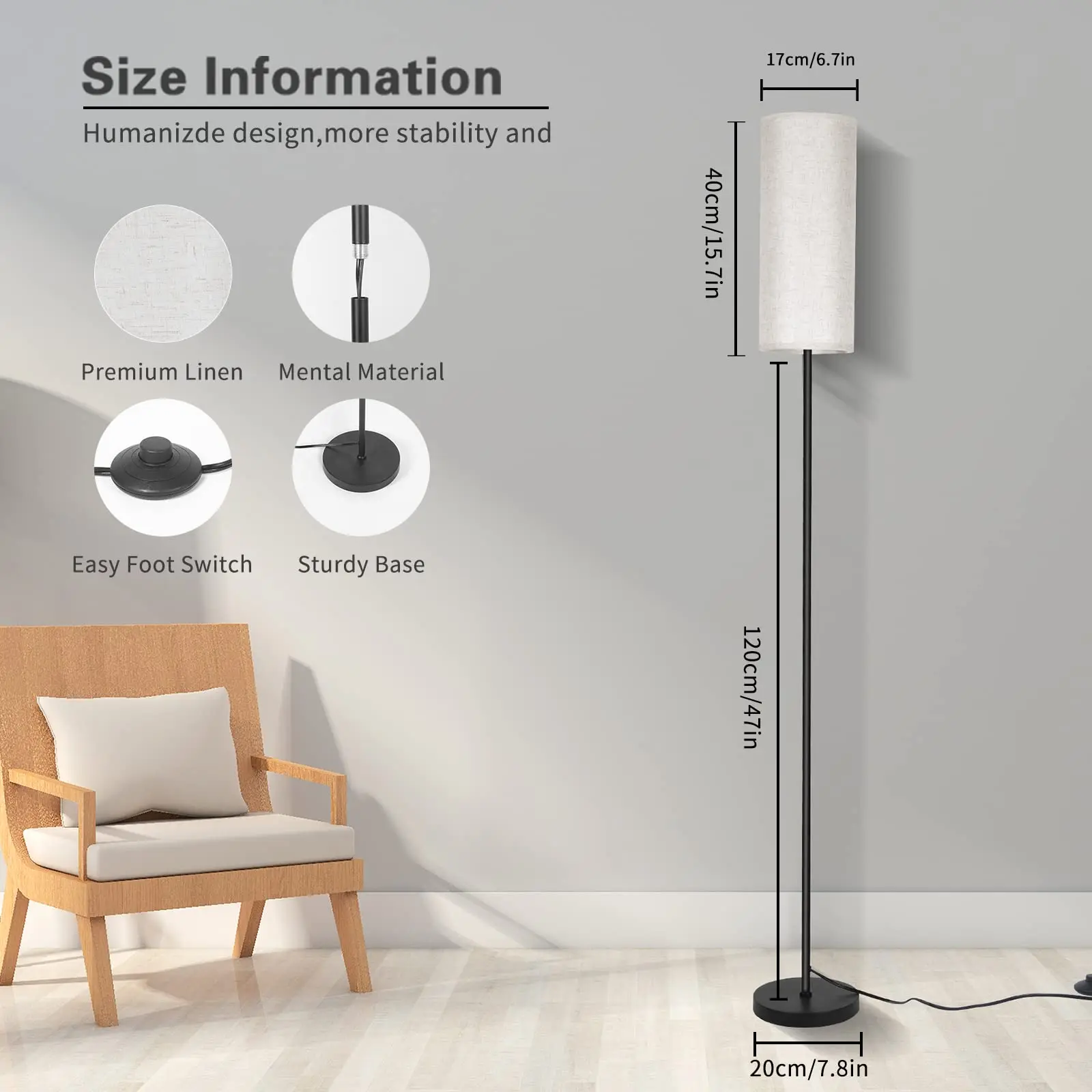 Japandi Modern Floor Lamp With Fabric Shade Stepless Dimming - Image 2