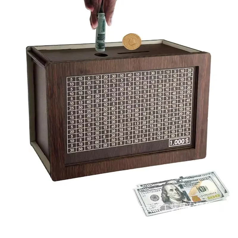 Money Wood Box Piggy Bank with Saving Goal for Kids