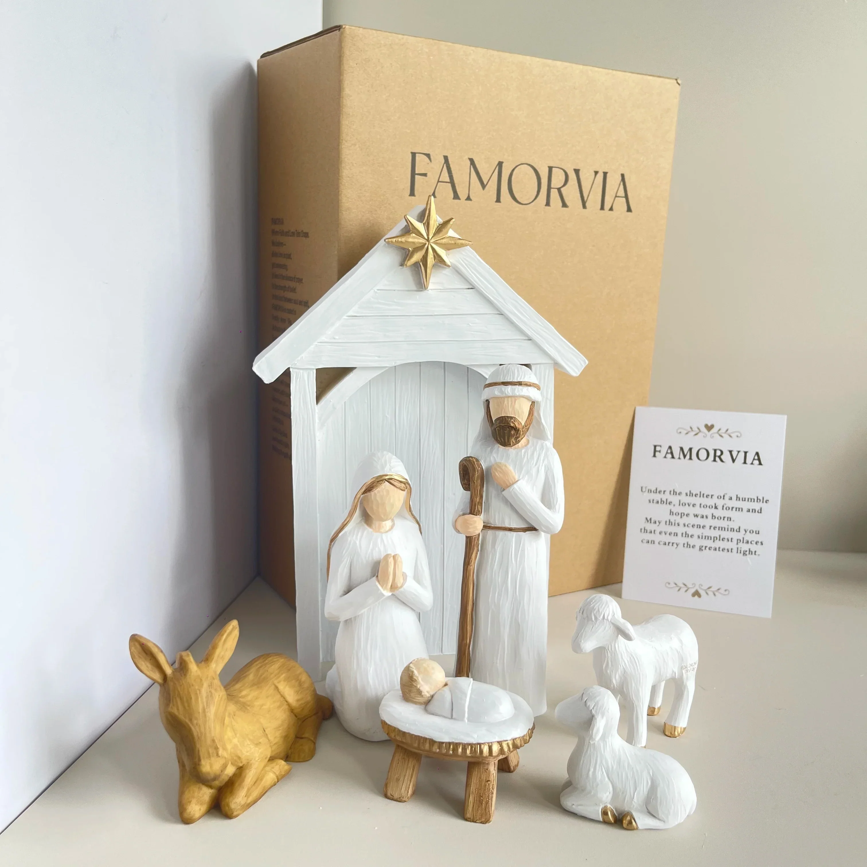 Nativity Scene Large 7-Piece Set White And Gold Resin Figures Faceless Holy Family Christmas Decor 2025 Gift - Image 6