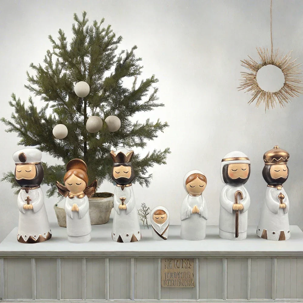 Nativity Set Resin 7 Piece White Gold Christmas Nativity Figurines For Tabletop Decor Holiday Gift Idea - Image 3