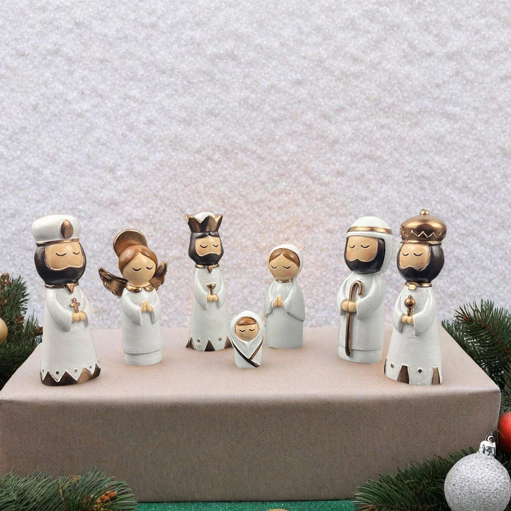 Nativity Set Resin 7 Piece White Gold Christmas Nativity Figurines For Tabletop Decor Holiday Gift Idea - Image 6