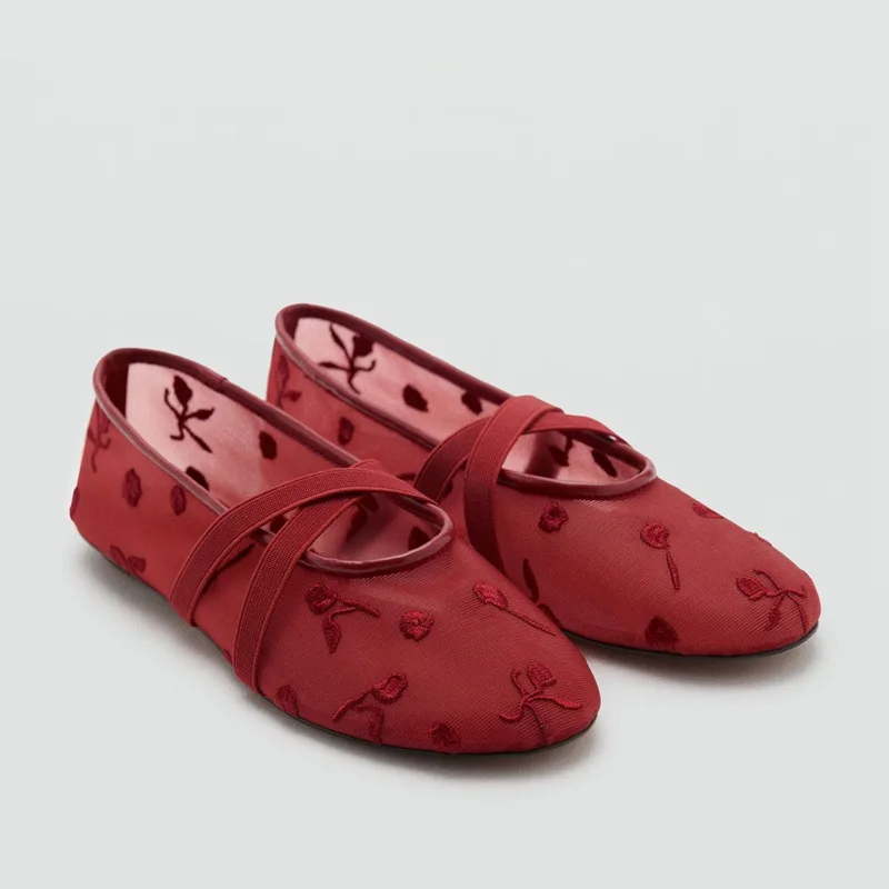 Lightweight Women Ballet Flats - Mary Jane, Embroidered Mesh