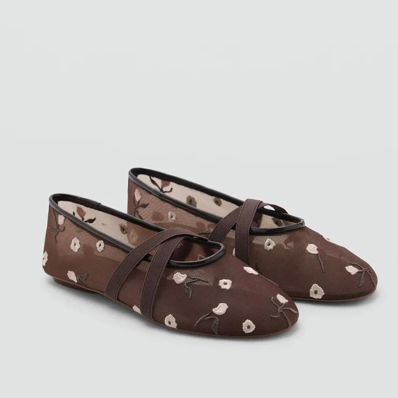 Lightweight Women Ballet Flats - Mary Jane, Embroidered Mesh - Image 15