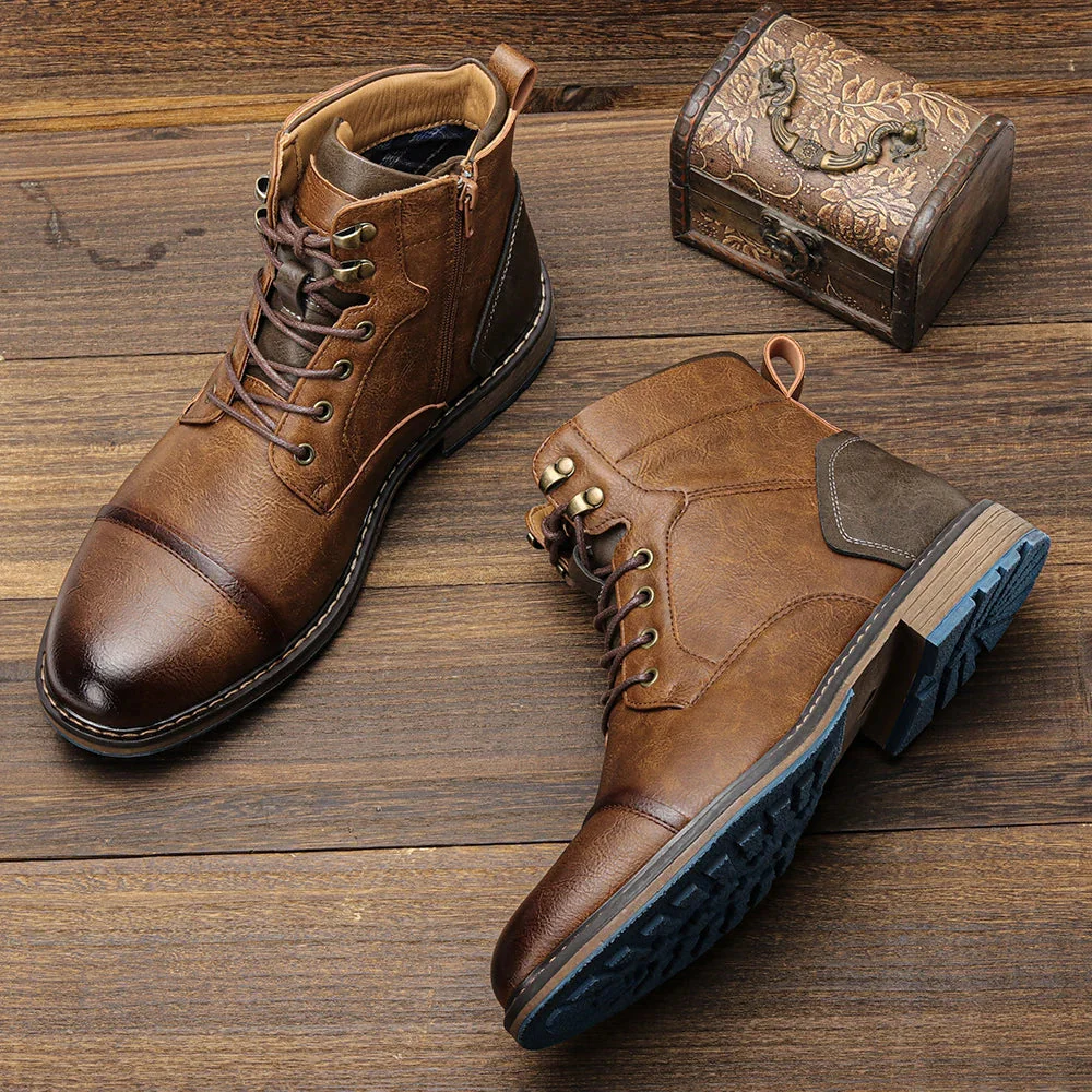 Non-Slip Men's Leather Boots - Cap Toe Lace Up, Durable