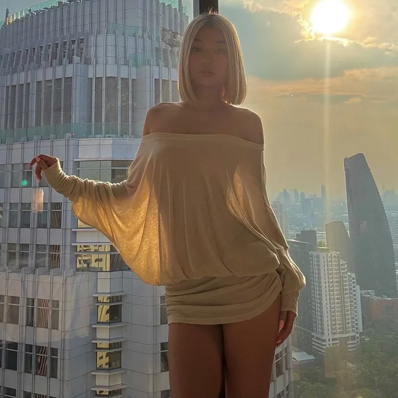 Off Shoulder Sheer Mini Dress with Long Sleeves and Ruched Bodycon Fit for Women - Image 3