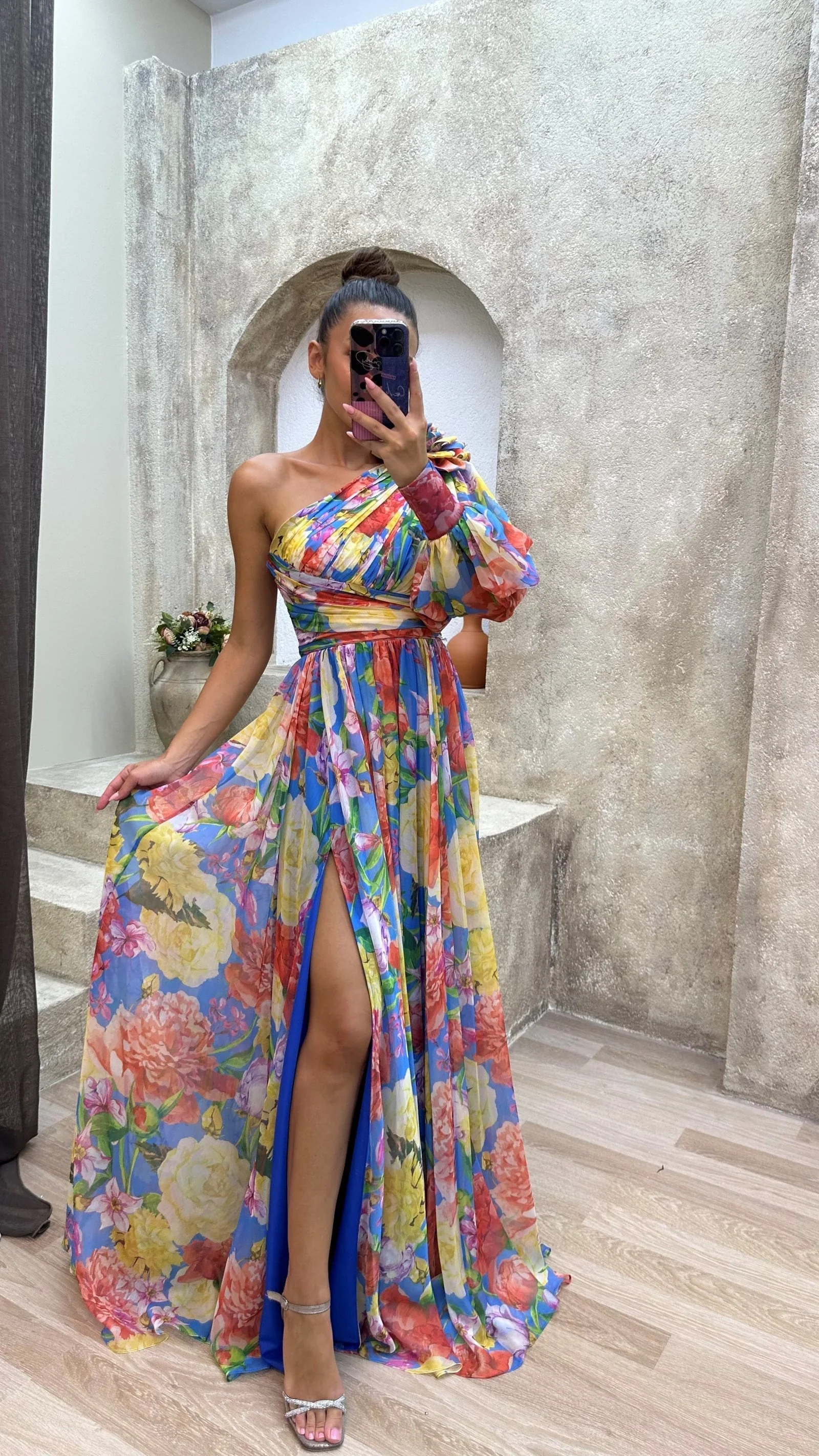 One-Shoulder Floral Women's Dress, Elegant Asymmetrical Summer Dress, Perfect for Wedding Guest and Formal Occasions - Image 3