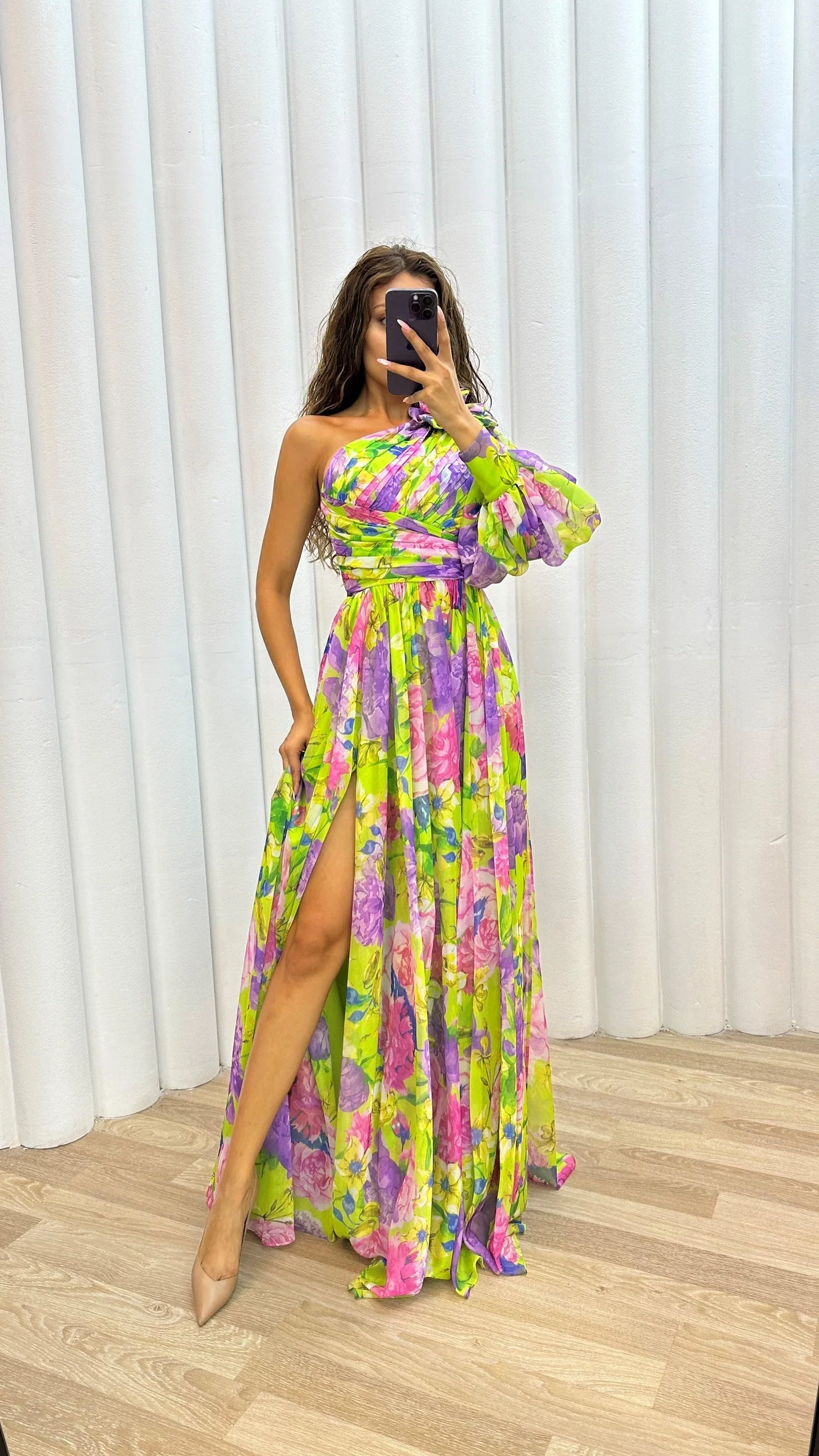 One-Shoulder Floral Women's Dress, Elegant Asymmetrical Summer Dress, Perfect for Wedding Guest and Formal Occasions - Image 4
