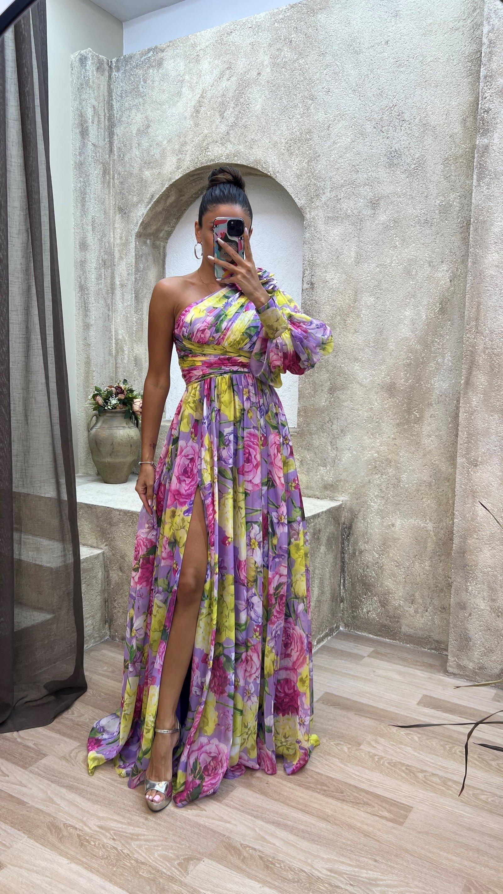 One-Shoulder Floral Women's Dress, Elegant Asymmetrical Summer Dress, Perfect for Wedding Guest and Formal Occasions - Image 6