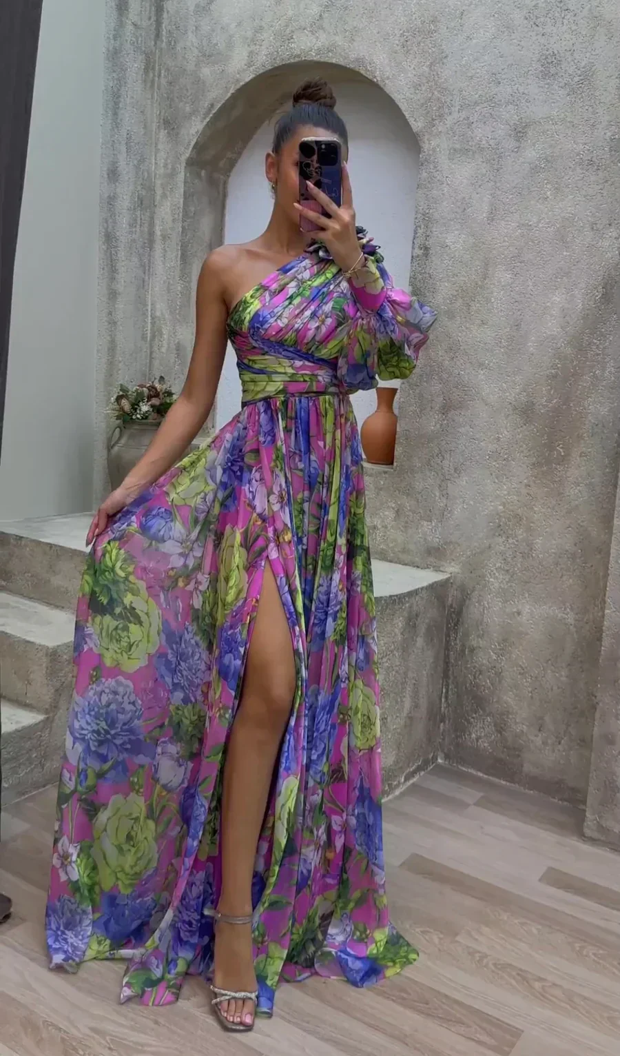 One-Shoulder Floral Women's Dress, Elegant Asymmetrical Summer Dress, Perfect for Wedding Guest and Formal Occasions - Image 7