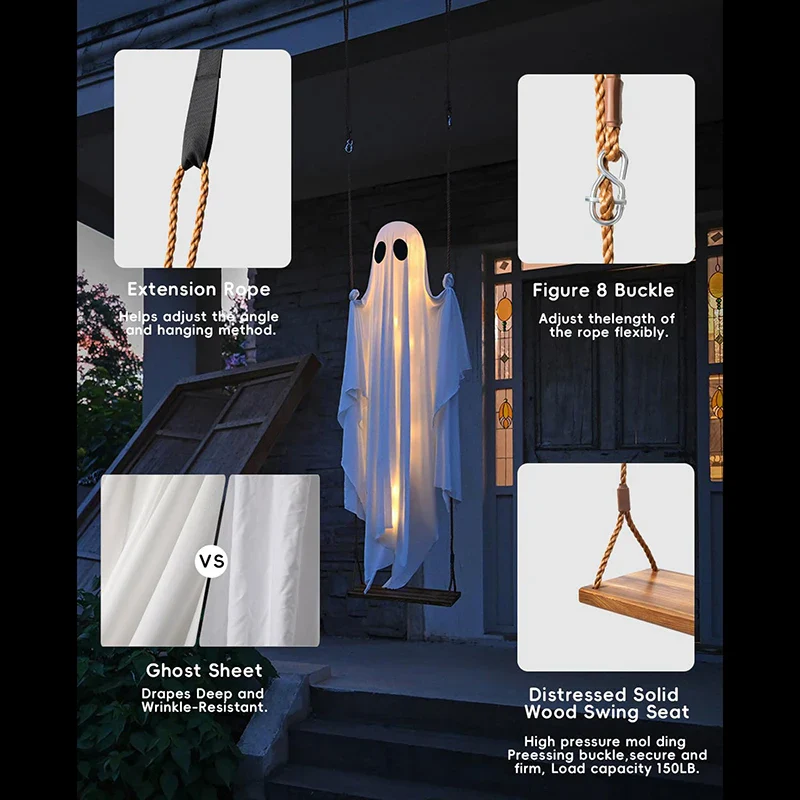 Hanging Swing Ghost Decoration Halloween 2025 Porch Lights - Image 6