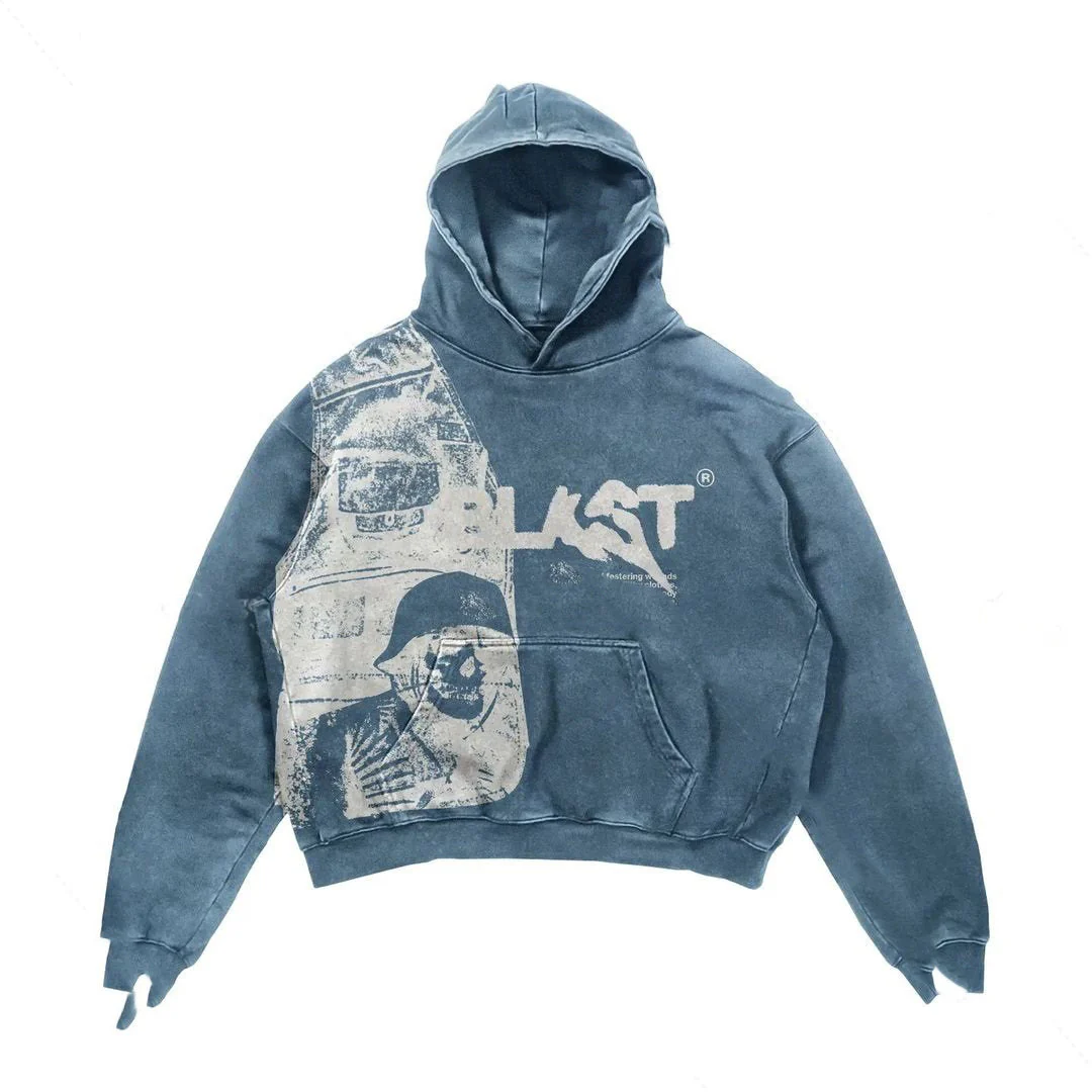 Oversized Cozy Mens Hoodie - Distressed Graphic, Polyester - Image 3