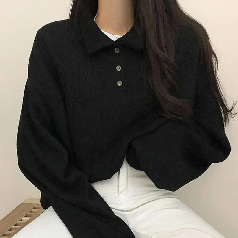 Oversized Cozy Women's Collared Top - Ribbed Knit, Casual - Image 5