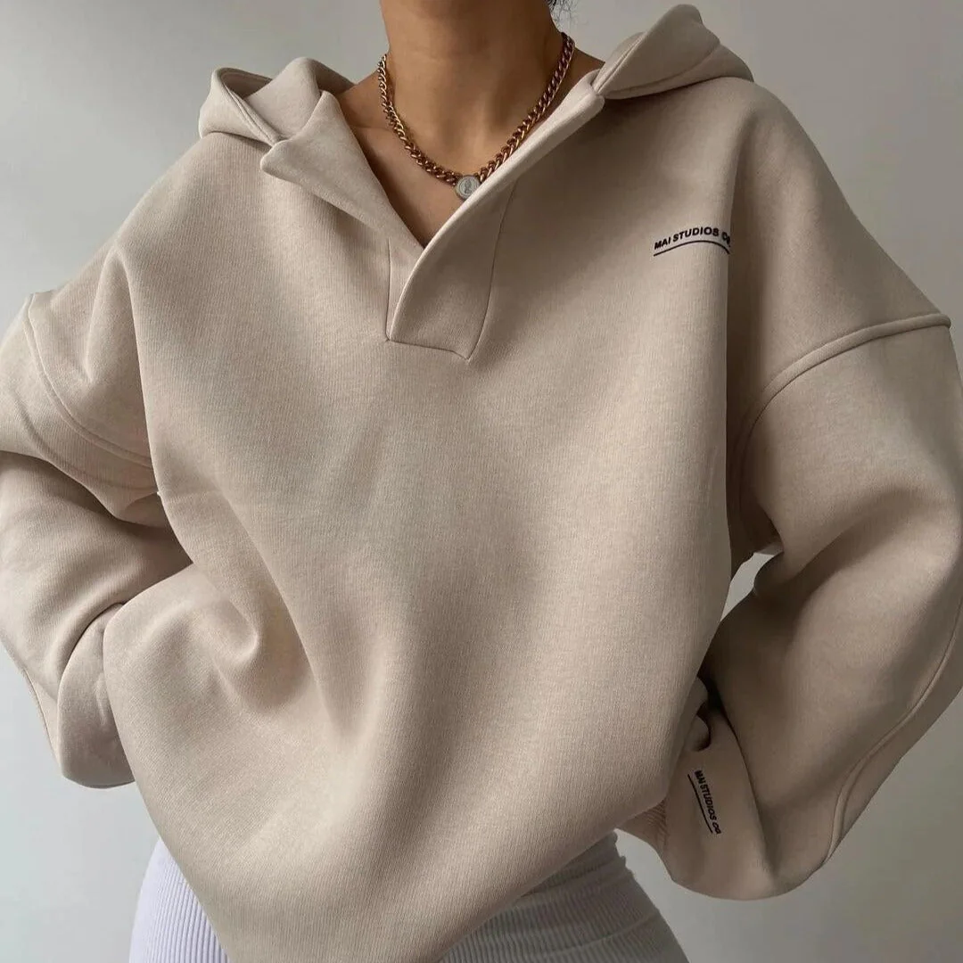 Oversized Cozy Women's Hoodie - Boxy V Notch, Fleece - Image 2