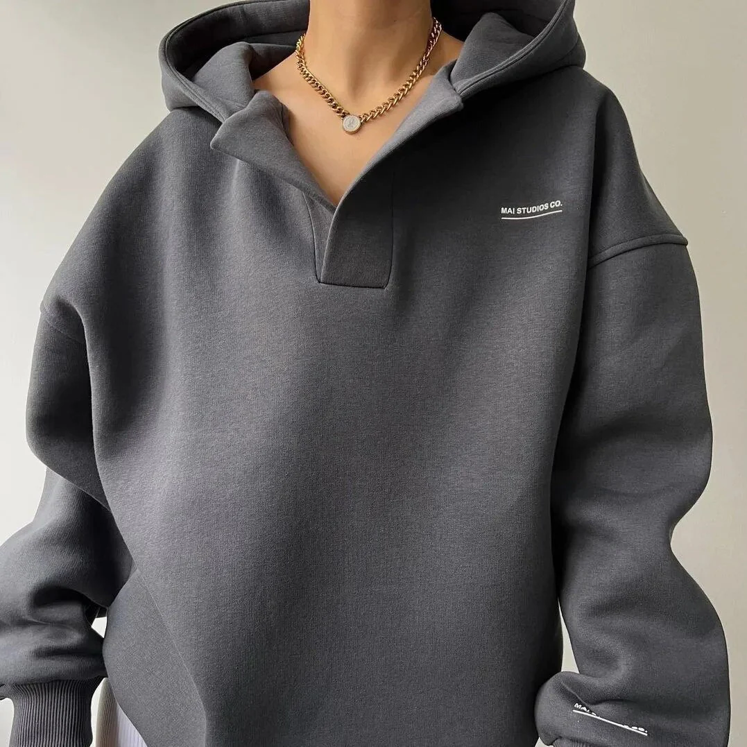 Oversized Cozy Women's Hoodie - Boxy V Notch, Fleece - Image 3