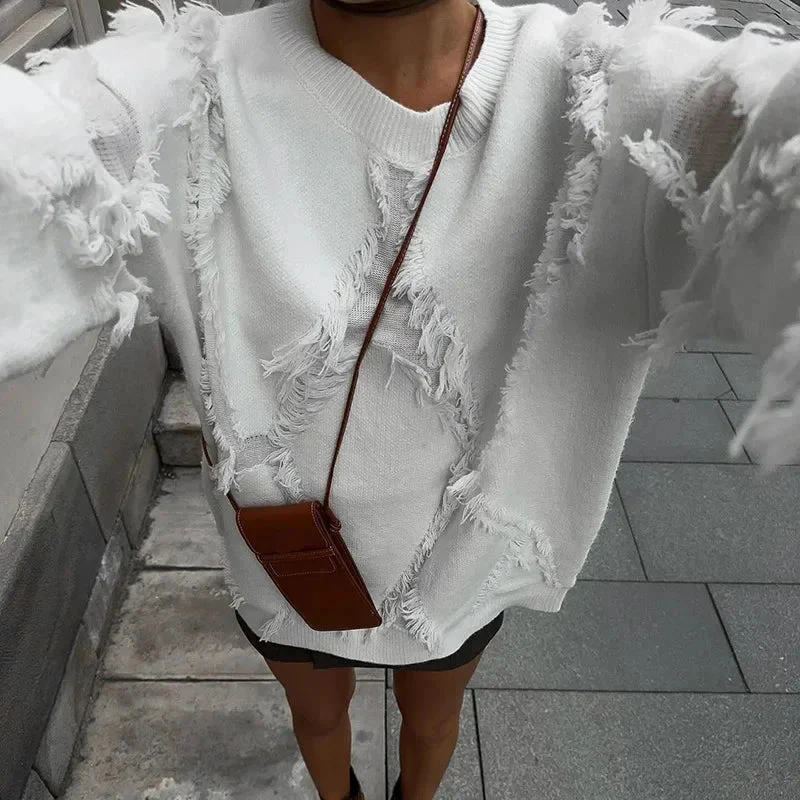 Oversized Cozy Women’s Sweater - Boxy Fringe Knit, Casual - Image 2