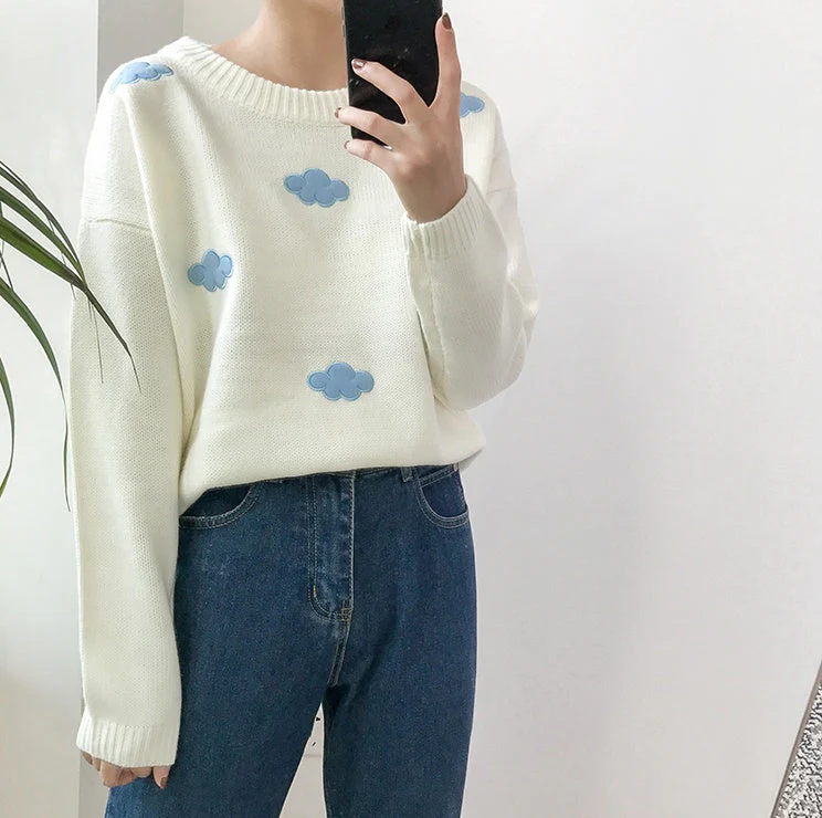 Oversized Cozy Women’s Sweater - Cloud Applique Knit Casual - Image 2