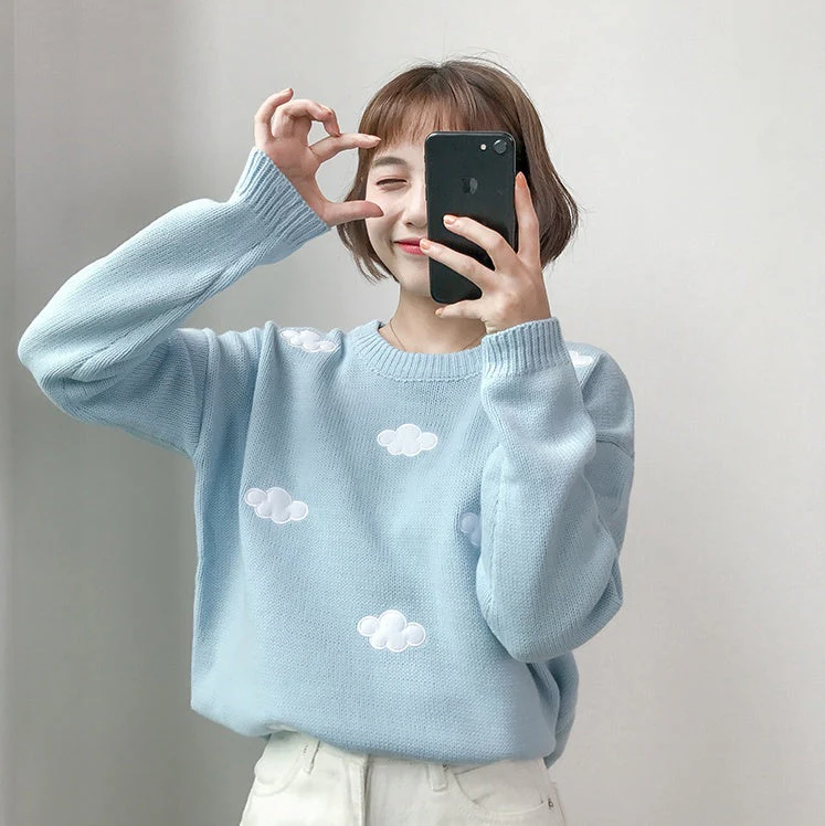 Oversized Cozy Women’s Sweater - Cloud Applique Knit Casual - Image 5