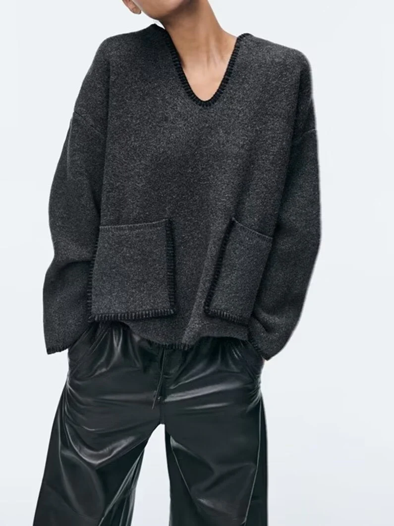 Oversized Cozy Women's V Neck Pullover - Boxy Knit Layering